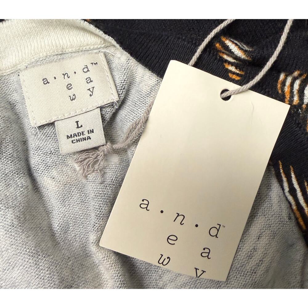 A.N.D A New Day Cardigan Women Size Large Black Tan Leaf Knit Crew Long Sleeve - Picture 7 of 9